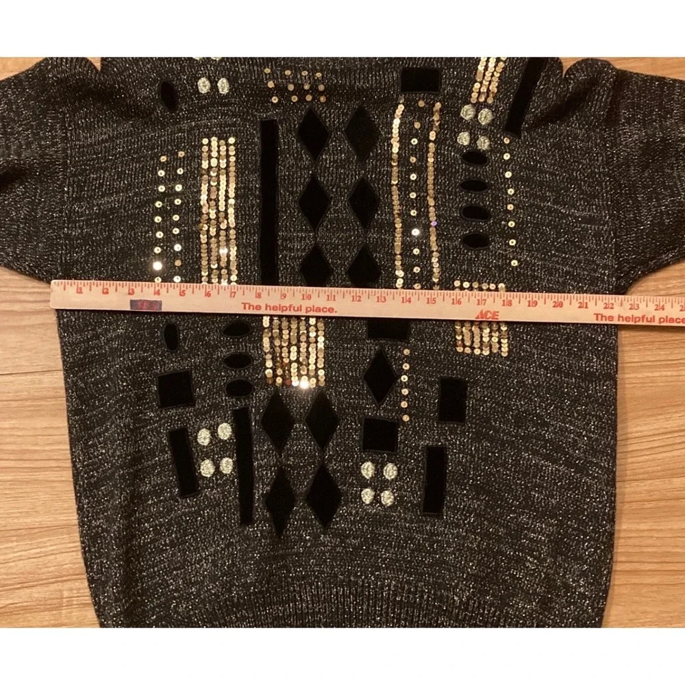 Vintage 80s Bonnie Bill Women L Black Sequin Velvet Geometric Knit Sweater Party